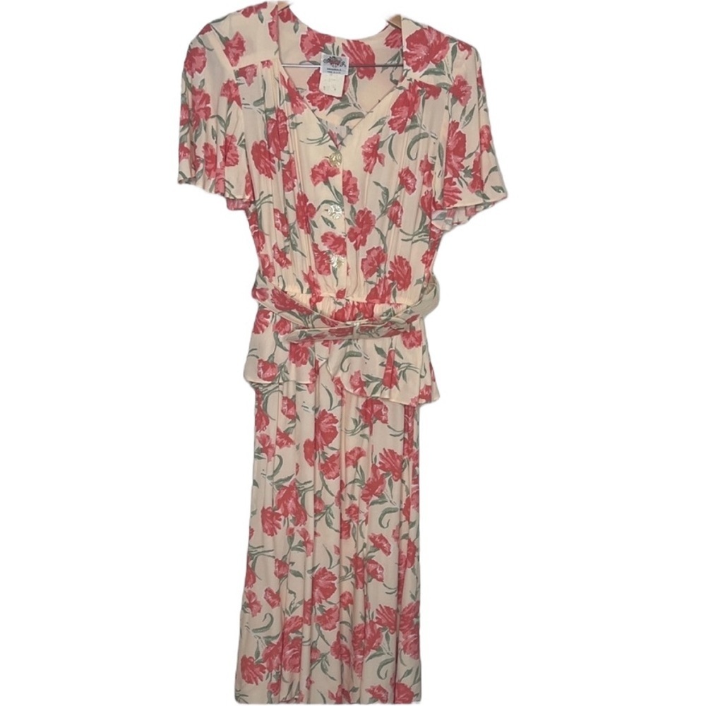 Vintage Lanz Originals Pink Floral Belted Midi Dress Women Size 8 BLEMISH